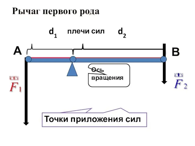 d1 d2 А В Ось вращения плечи сил Рычаг первого рода