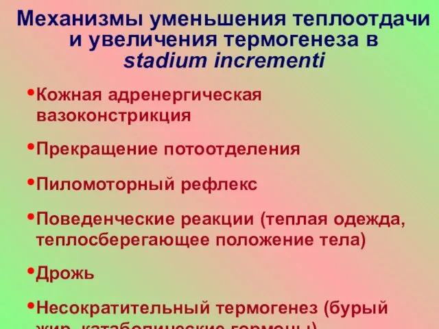 Механизмы уменьшения теплоотдачи и увеличения термогенеза в stadium incrementi Кожная адренергическая