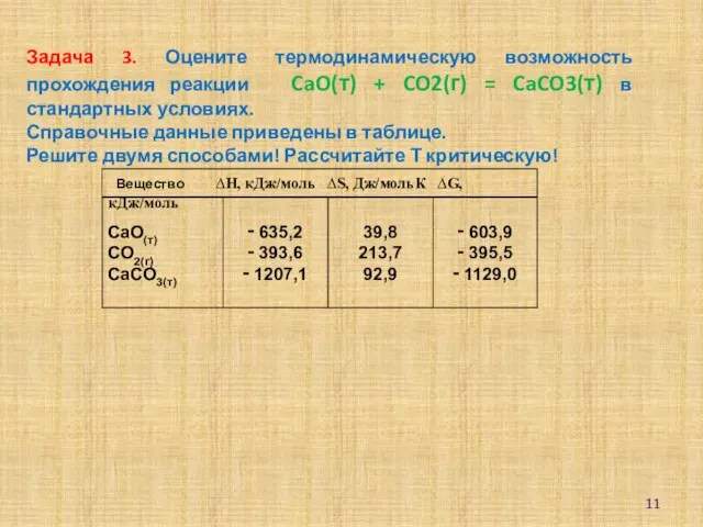 Задача 3. Оцените термодинамическую возможность прохождения реакции CaO(т) + CO2(г) =