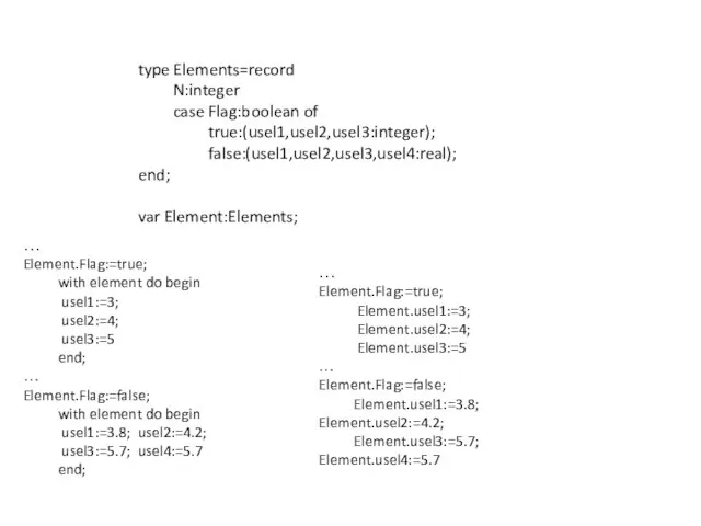 type Elements=record N:integer case Flag:boolean of true:(usel1,usel2,usel3:integer); false:(usel1,usel2,usel3,usel4:real); end; var Element:Elements;