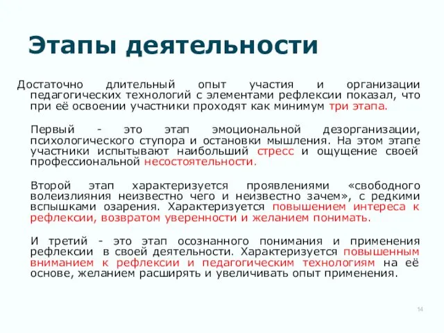 Этапы деятельности Достаточно длительный опыт участия и организации педагогических технологий с