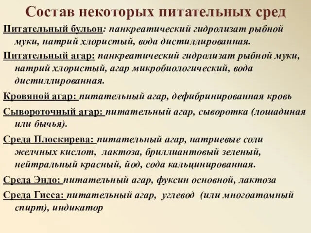 Состав некоторых питательных сред Питательный бульон: панкреатический гидролизат рыбной муки, натрий