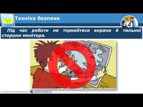 Техніка безпеки Розділ 1 § 1 Під час роботи не торкайтеся екрана й тильної сторони монітора.