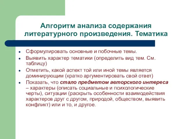 Алгоритм анализа содержания литературного произведения. Тематика Сформулировать основные и побочные темы.