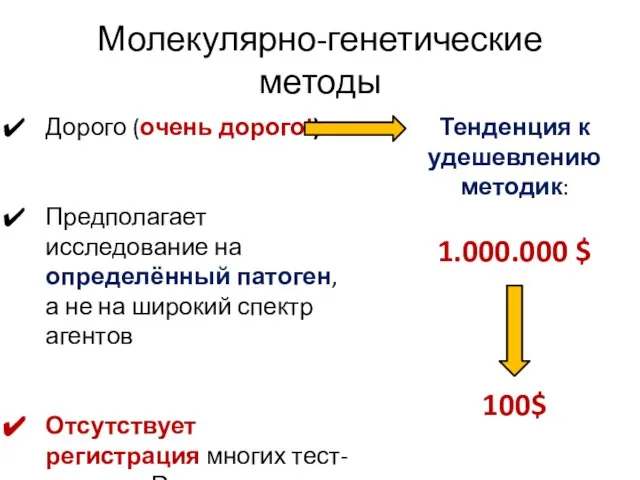 Молекулярно-генетические методы Дорого (очень дорого!) Предполагает исследование на определённый патоген, а