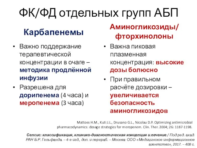 ФК/ФД отдельных групп АБП Карбапенемы Важно поддержание терапевтической концентрации в очаге