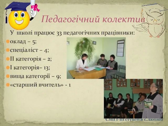 У школі працює 33 педагогічних працівники: оклад – 5; спеціаліст –