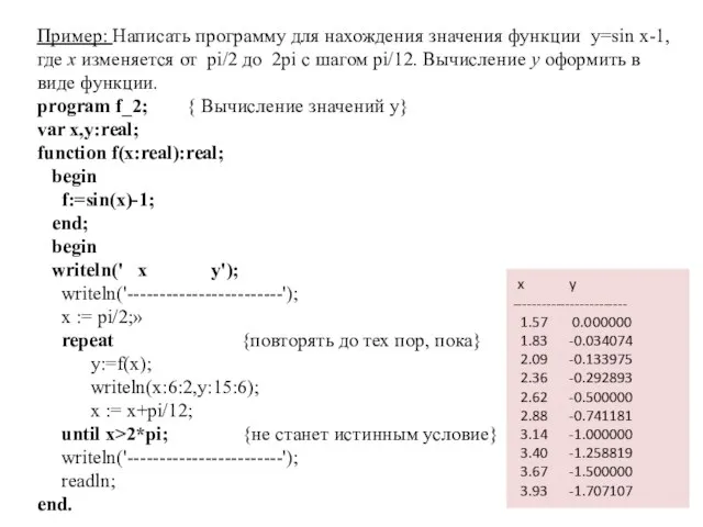 Пример: Написать программу для нахождения значения функции y=sin x-1, где х