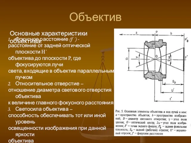 Объектив Основные характеристики объектива: Фокусное расстояние (f ´) - расстояние от