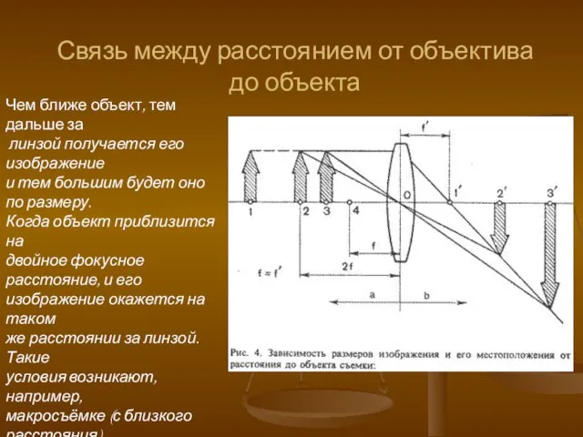 Связь между расстоянием от объектива до объекта Чем ближе объект, тем