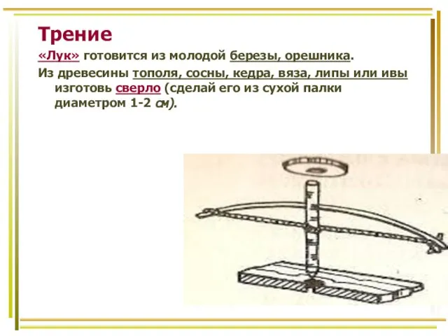 Трение «Лук» готовится из молодой березы, орешника. Из древесины тополя, сосны,