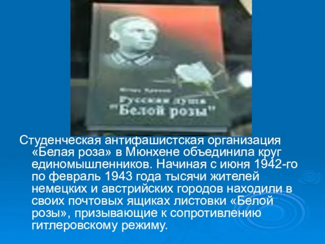 Студенческая антифашистская организация «Белая роза» в Мюнхене объединила круг единомышленников. Начиная