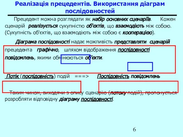 Реалізація прецедентів. Використання діаграм послідовностей Прецедент можна розглядати як набір основних