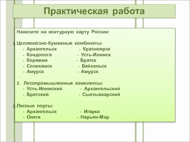 Практическая работа Нанесите на контурную карту России: Целлюлозно-бумажные комбинаты: - Архангельск