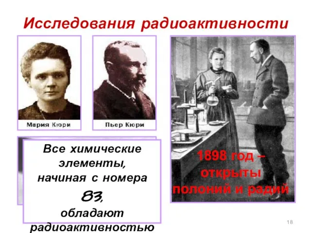 Исследования радиоактивности 1898 год – открыты полоний и радий Все химические