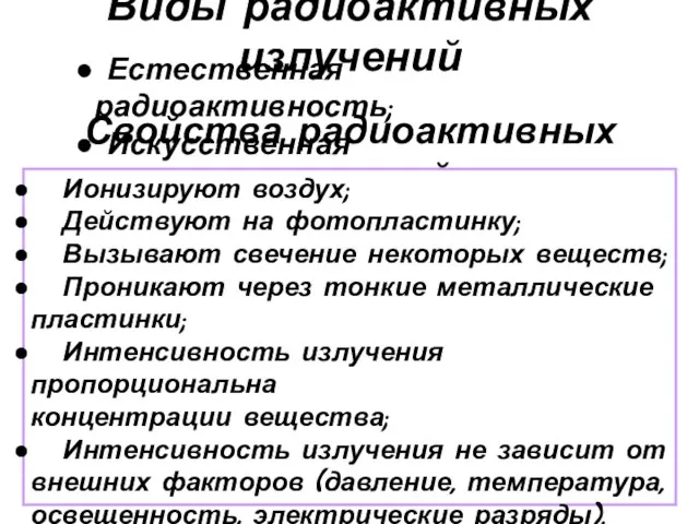 Виды радиоактивных излучений Естественная радиоактивность; Искусственная радиоактивность. Свойства радиоактивных излучений Ионизируют