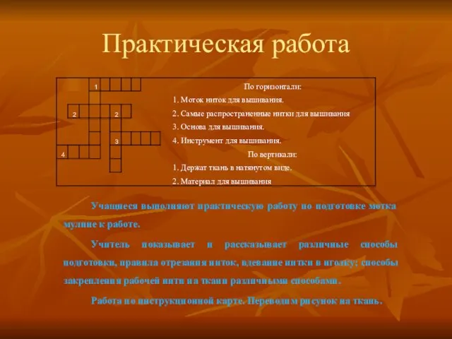 Практическая работа Учащиеся выполняют практическую работу по подготовке мотка мулине к