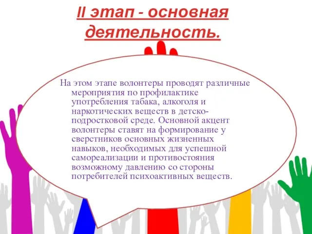 II этап - основная деятельность. На этом этапе волонтеры проводят различные