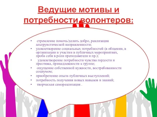 Ведущие мотивы и потребности волонтеров: стремление помочь/делать добро, реализация альтруистической направленности;