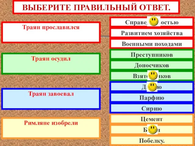 ВЫБЕРИТЕ ПРАВИЛЬНЫЙ ОТВЕТ. Траян прославился Траян осудил Траян завоевал Римляне изобрели