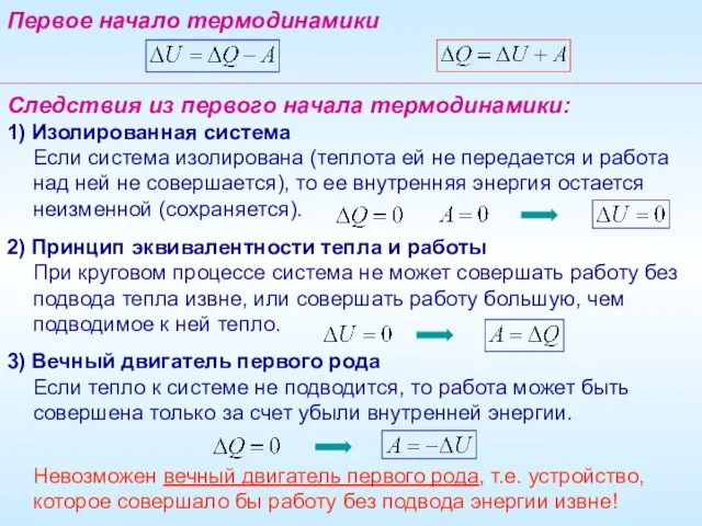 Следствия из первого начала термодинамики: 1) Изолированная система Если система изолирована