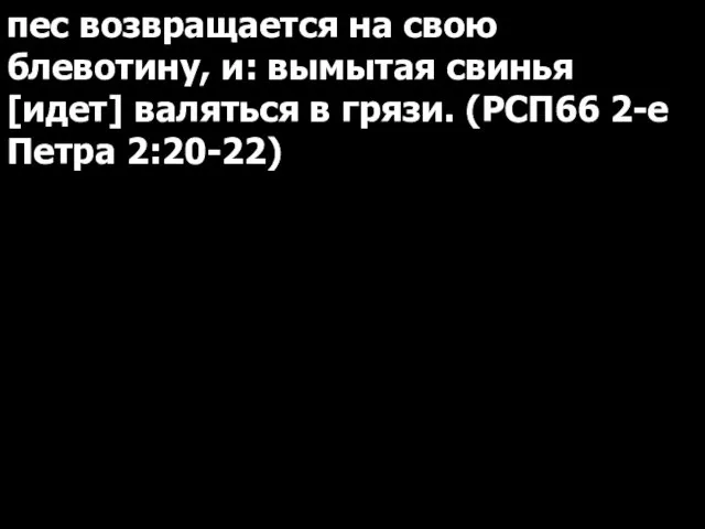 пес возвращается на свою блевотину, и: вымытая свинья [идет] валяться в грязи. (РСП66 2-е Петра 2:20-22)