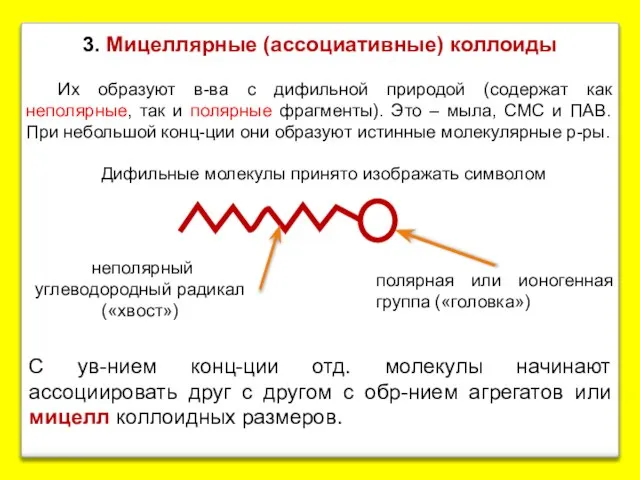 3. Мицеллярные (ассоциативные) коллоиды Их образуют в-ва с дифильной природой (содержат