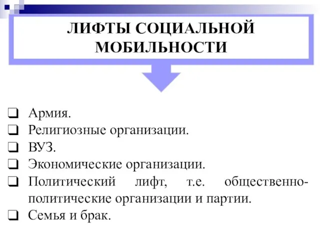 ЛИФТЫ СОЦИАЛЬНОЙ МОБИЛЬНОСТИ Армия. Религиозные организации. ВУЗ. Экономические организации. Политический лифт,