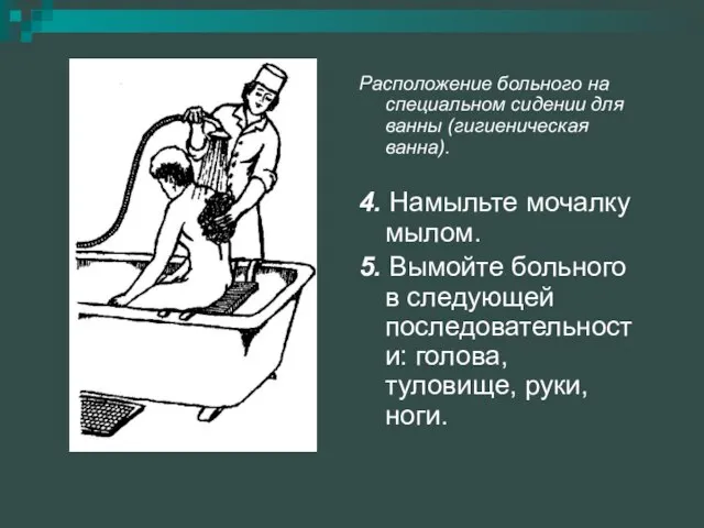 Расположение больного на специальном сидении для ванны (гигиеническая ванна). 4. Намыльте