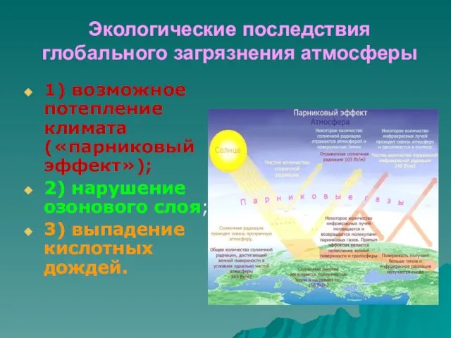 Экологические последствия глобального загрязнения атмосферы 1) возможное потепление климата («парниковый эффект»);