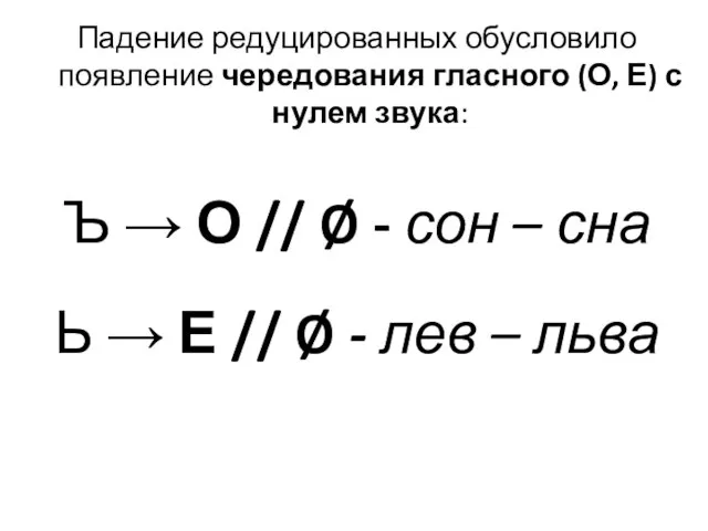 Падение редуцированных обусловило появление чередования гласного (О, Е) с нулем звука: