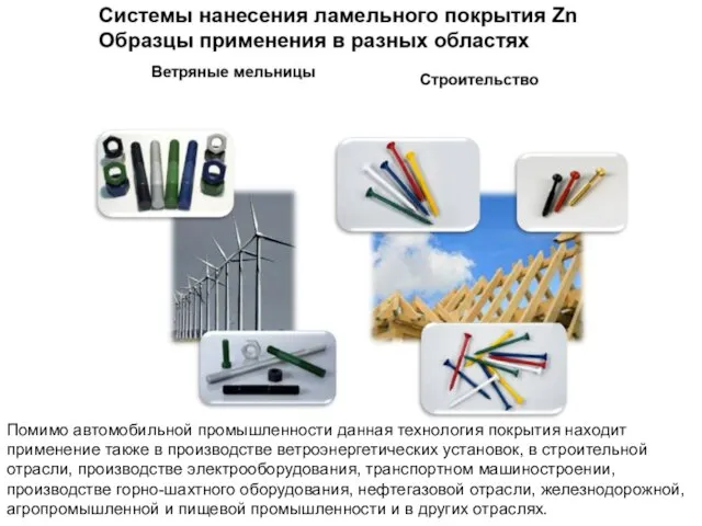 Помимо автомобильной промышленности данная технология покрытия находит применение также в производстве