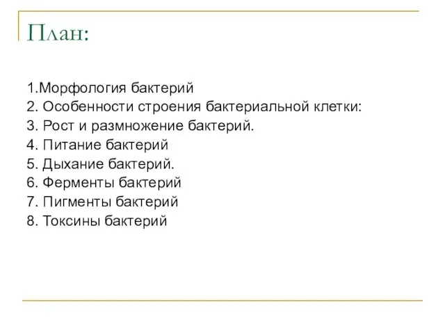 План: 1.Морфология бактерий 2. Особенности строения бактериальной клетки: 3. Рост и