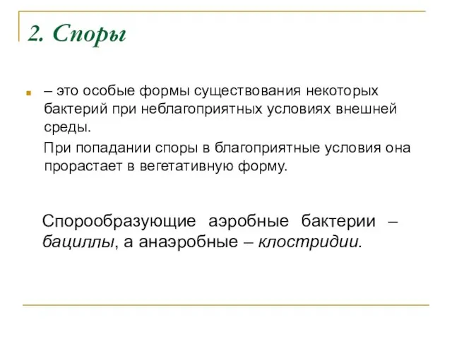 2. Споры – это особые формы существования некоторых бактерий при неблагоприятных