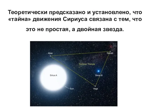 Теоретически предсказано и установлено, что «тайна» движения Сириуса связана с тем,