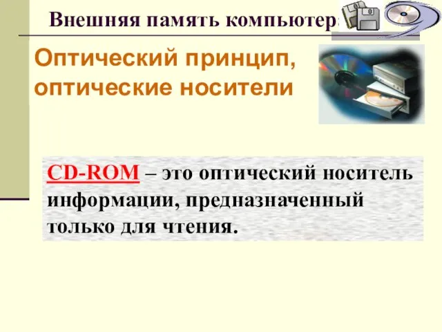 Внешняя память компьютера Оптический принцип, оптические носители CD-ROM – это оптический