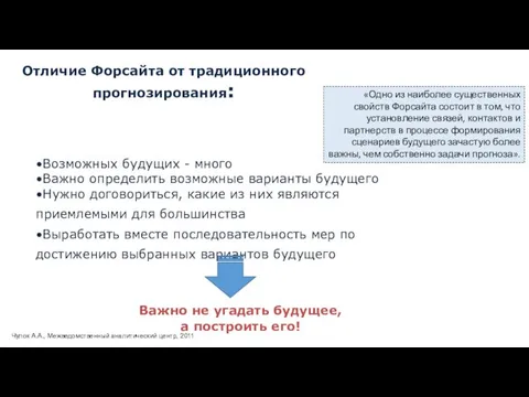 Отличие Форсайта от традиционного прогнозирования: •Возможных будущих - много •Важно определить