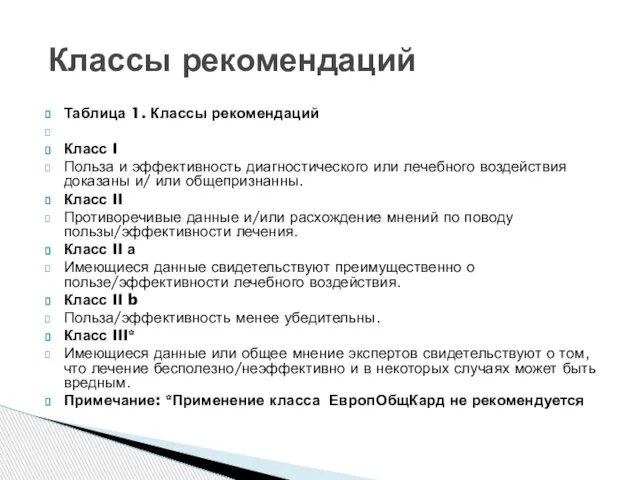 Таблица 1. Классы рекомендаций Класс I Польза и эффективность диагностическо­го или