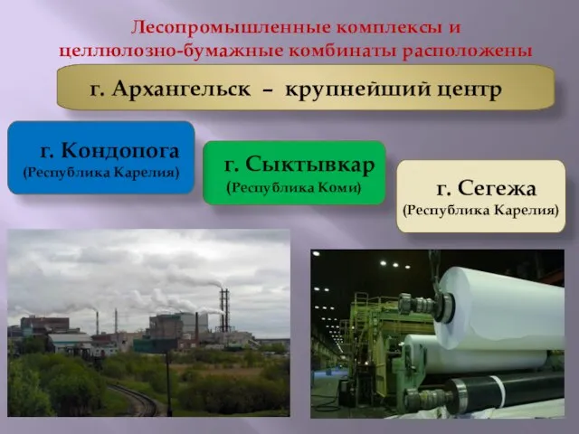 Лесопромышленные комплексы и целлюлозно-бумажные комбинаты расположены г. Архангельск – крупнейший центр