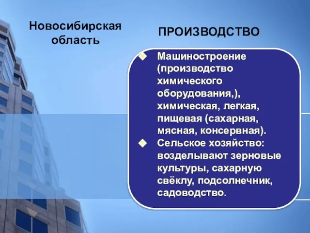 Новосибирская область ПРОИЗВОДСТВО Машиностроение (производство химического оборудования,), химическая, легкая, пищевая (сахарная,