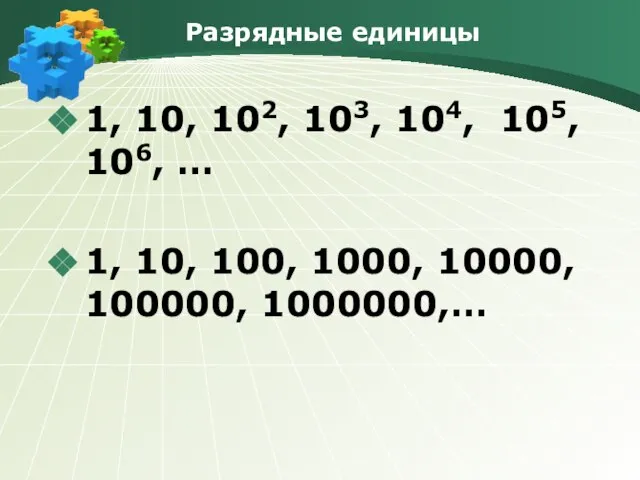 Разрядные единицы 1, 10, 102, 103, 104, 105, 106, … 1,
