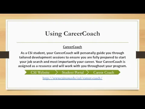 Using CareerCoach CareerCoach As a CSI student, your CareerCoach will personally