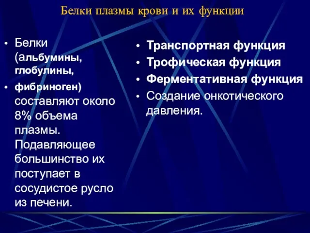 Белки плазмы крови и их функции Белки (альбумины, глобулины, фибриноген) составляют