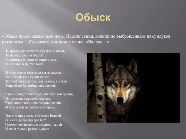 Обыск «Обыск продолжался всю ночь. Искали стихи, ходили по выброшенным из