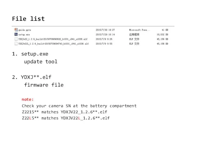 File list 1. setup.exe update tool 2. YDXJ**.elf firmware file note: