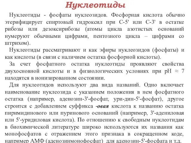 Нуклеотиды Нуклеотиды - фосфаты нуклеозидов. Фосфорная кислота обычно этерифицирует спиртовый гидроксил