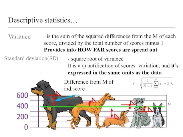 Descriptive statistics… Variance Standard deviation(SD) - is the sum of the