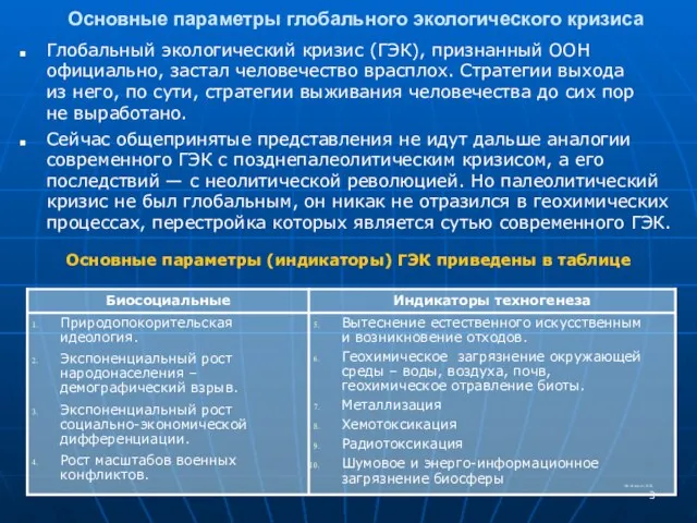 Основные параметры глобального экологического кризиса Глобальный экологический кризис (ГЭК), признанный ООН