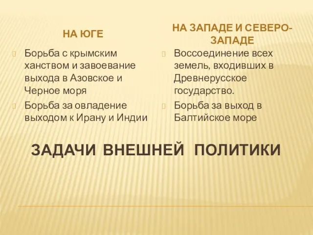 ЗАДАЧИ ВНЕШНЕЙ ПОЛИТИКИ НА ЮГЕ НА ЗАПАДЕ И СЕВЕРО-ЗАПАДЕ Борьба с