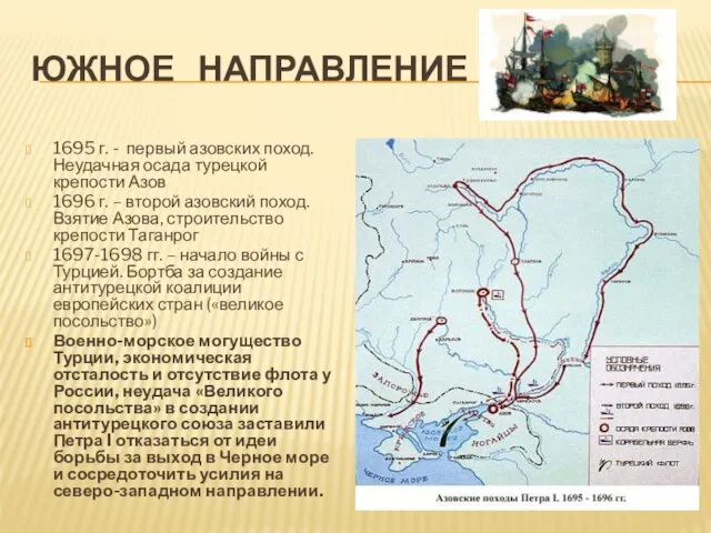 ЮЖНОЕ НАПРАВЛЕНИЕ 1695 г. - первый азовских поход. Неудачная осада турецкой